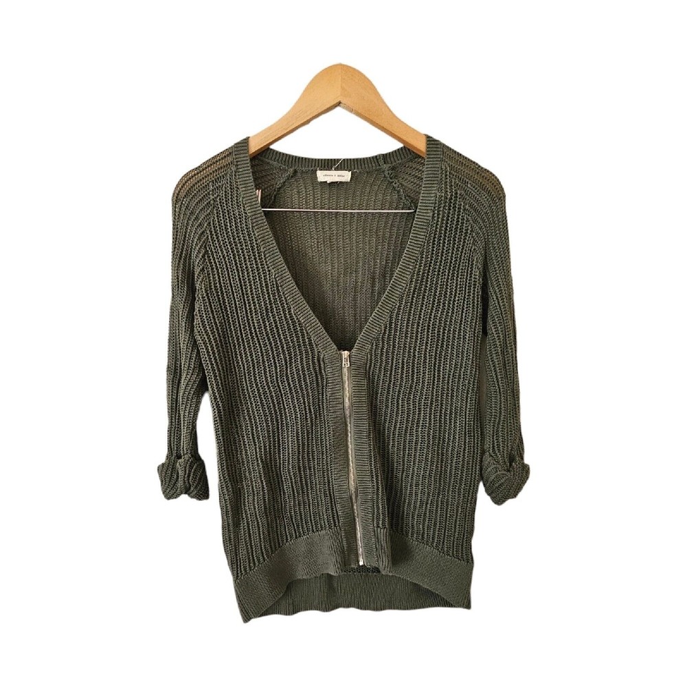 UO Silence + Noise‎ Open Knit Cardigan Sweater Large Green Zip Front